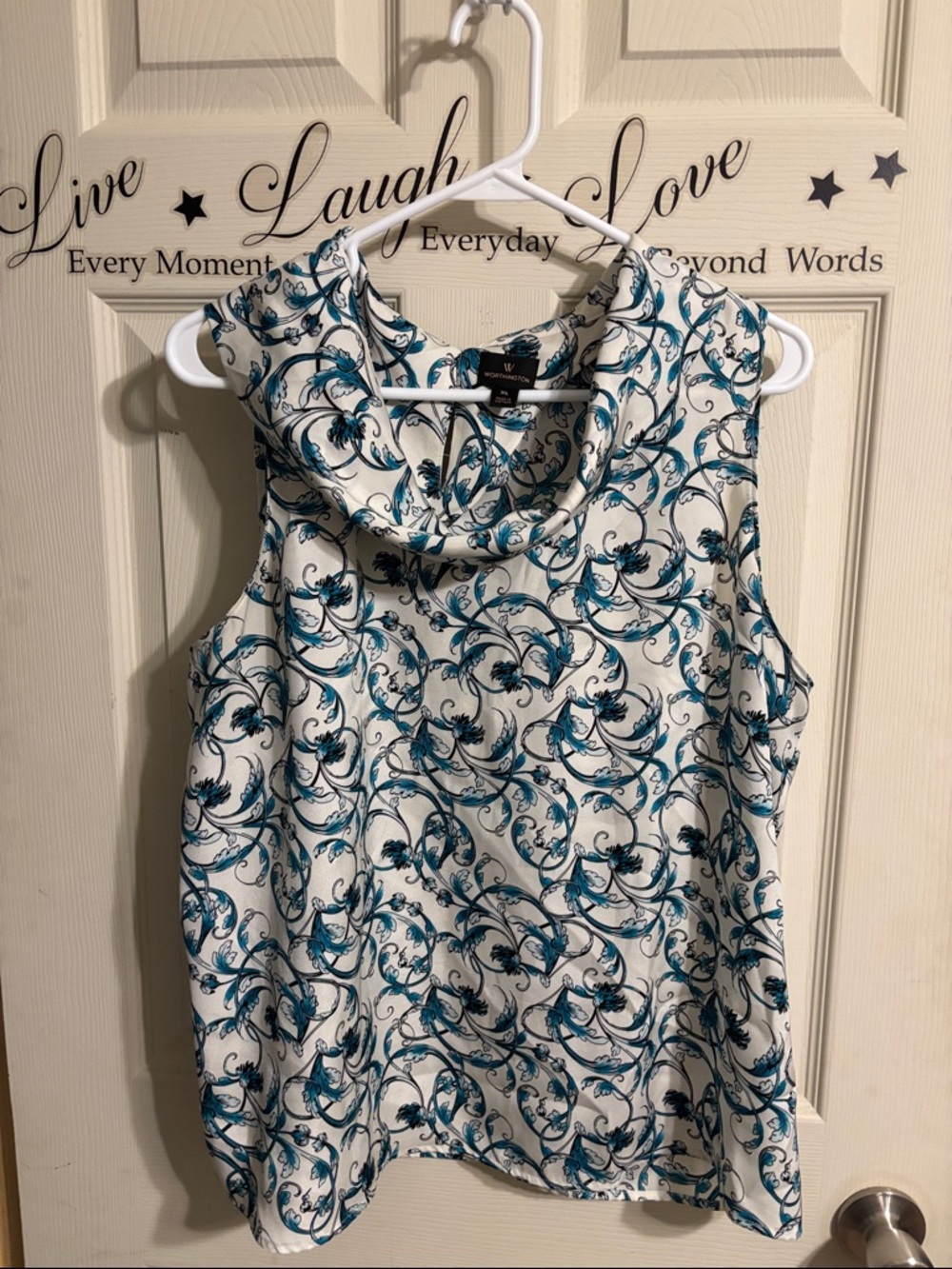Worthington Teal and White Scroll Print Blouse